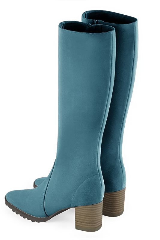 Peacock blue women's riding knee-high boots. Round toe. Medium block heels. Made to measure. Rear view - Florence KOOIJMAN
